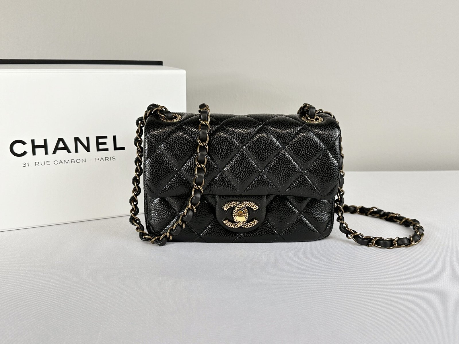 Chanel 24B Black Coco Caviar Square Mini with Bronze Hardware