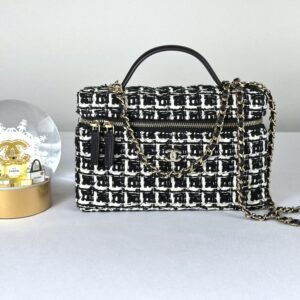 Chanel 25C Black and White Tweed Top Handle Vanity Case with Chain