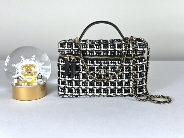 Chanel 25C Black and White Tweed Top Handle Vanity Case with Chain