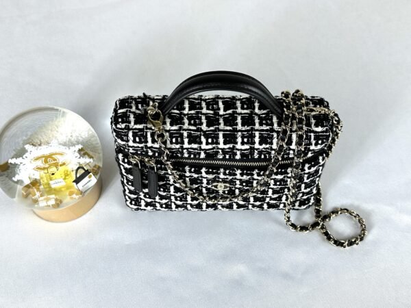 Chanel 25C Black and White Tweed Top Handle Vanity Case with Chain