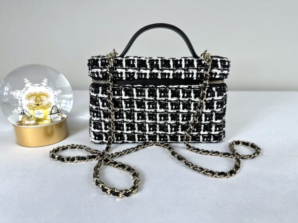 Chanel 25C Black and White Tweed Top Handle Vanity Case with Chain