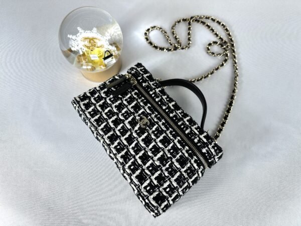 Chanel 25C Black and White Tweed Top Handle Vanity Case with Chain