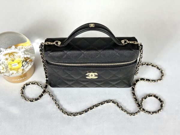 Chanel 25C Black Caviar Top Handle Long Vanity with Removable Chain