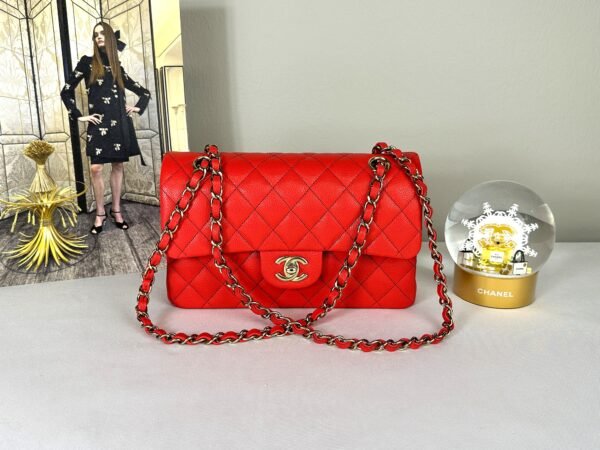 Chanel 25C Red Caviar Small Classic Flap with Light Gold Hardware.