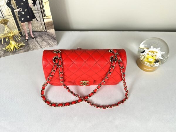 Chanel 25C Red Caviar Small Classic Flap with Light Gold Hardware.