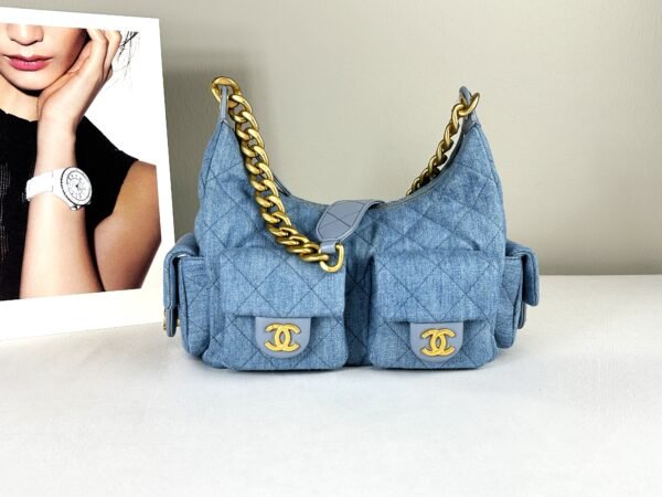 Chanel 25C Light Blue Denim Trendy Pockets Small Hobo Bag