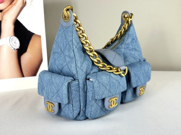 Chanel 25C Light Blue Denim Trendy Pockets Small Hobo Bag