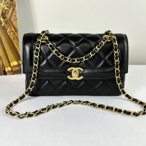 Chanel 25P Black Lambskin Flap Bag.