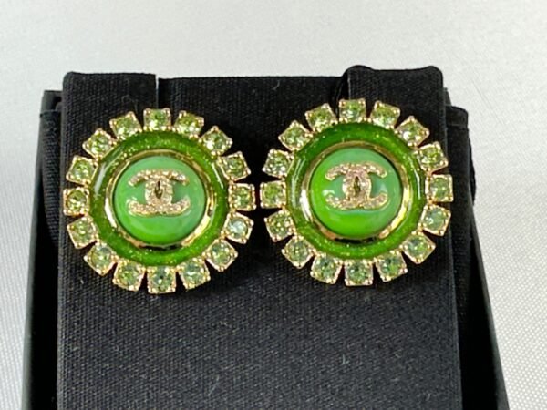 Chanel 24A Green Enamel and Crystal Earrings