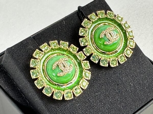 Chanel 24A Green Enamel and Crystal Earrings