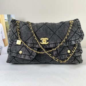 Chanel 25K Black Denim Maxi Hobo Bag