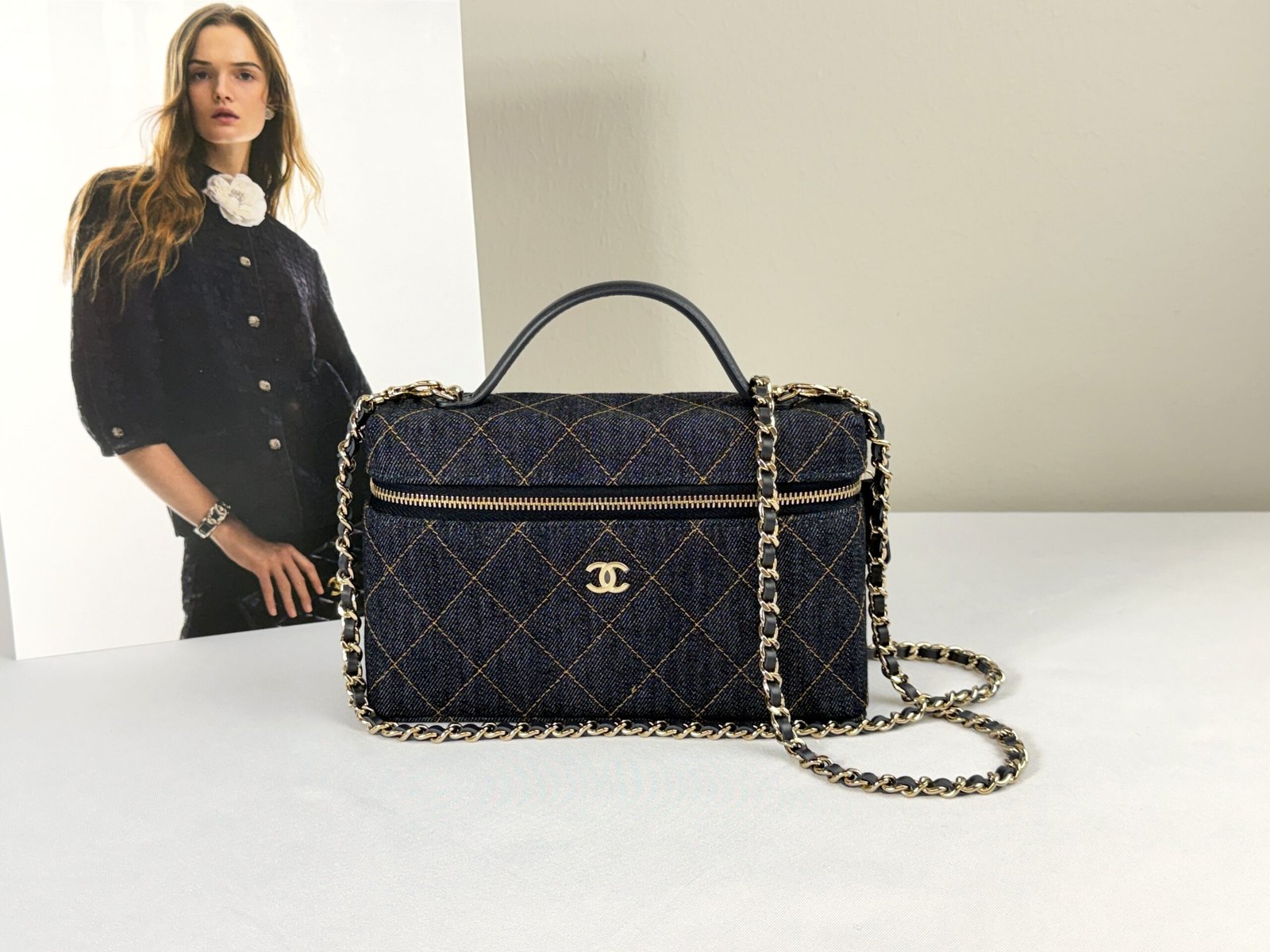 Chanel 26P Dark Blue Denim Slim Vanity with Light Gold Hardware