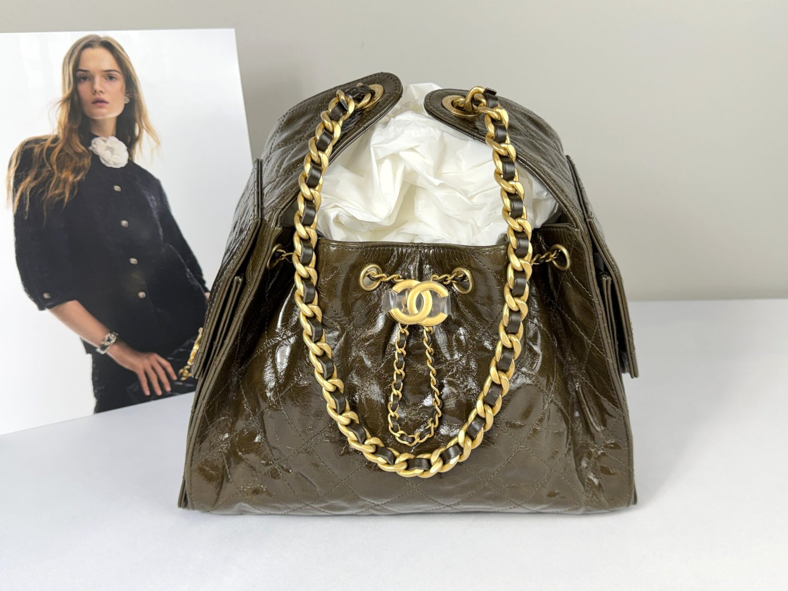 Chanel 26P Crumpled Khaki Calfskin Small 25