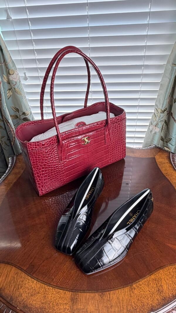 Chanel 26S Burgundy Croc Print Calfskin Shopping Tote