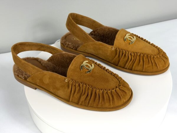 Chanel 26B Camel Suede Shearling Slingback Mules