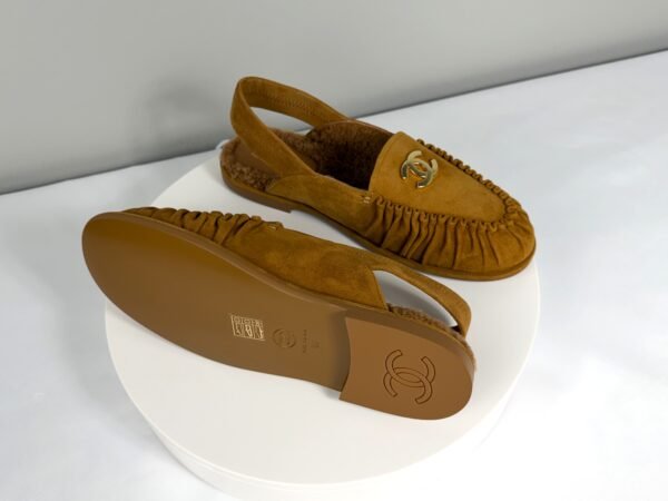 Chanel 26B Camel Suede Shearling Slingback Mules