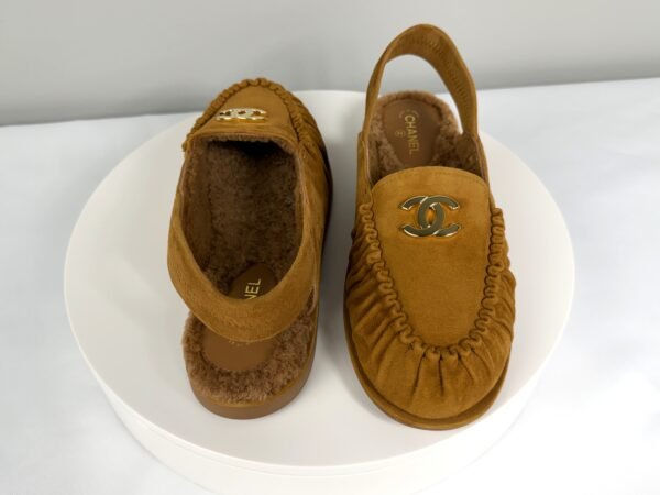 Chanel 26B Camel Suede Shearling Slingback Mules